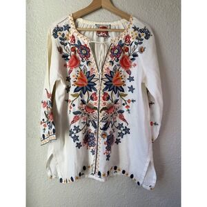 Johnny Was Linen Embroidered Floral Boho Tunic Top XS White Festival Peasant
